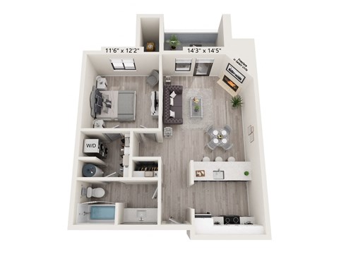 Floor plan for 1 bed, 1 bath, 600 sqft